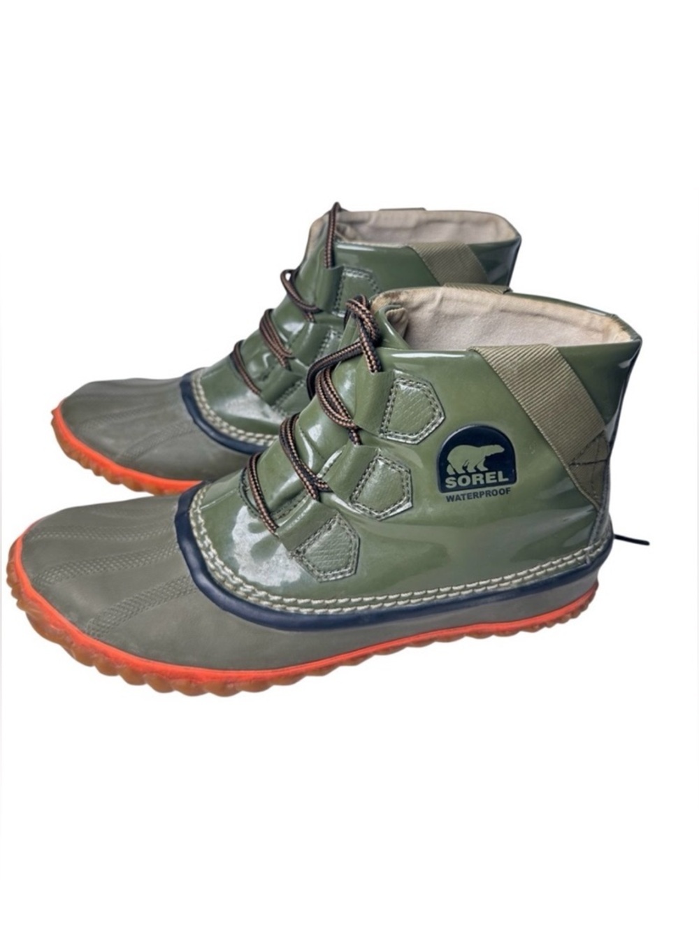 Sorel Waterproof Out And About Green Olive and Orange Winter Ankle Boots